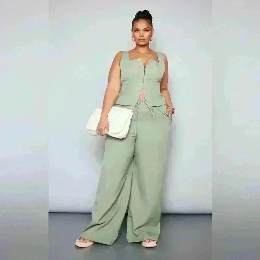 Plus Sage Khaki Ruched Waist Wide Leg  Pants Size 14